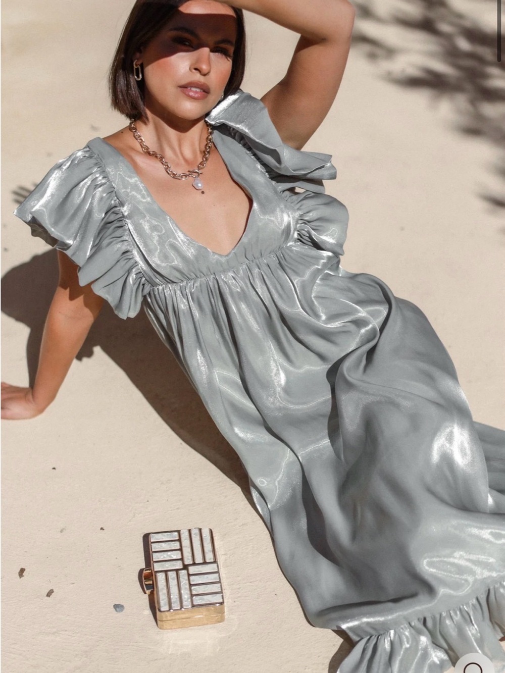 Petal and Pup Storia Ori Midi Dress Shimmer Satin Ruffle Maxi Dress